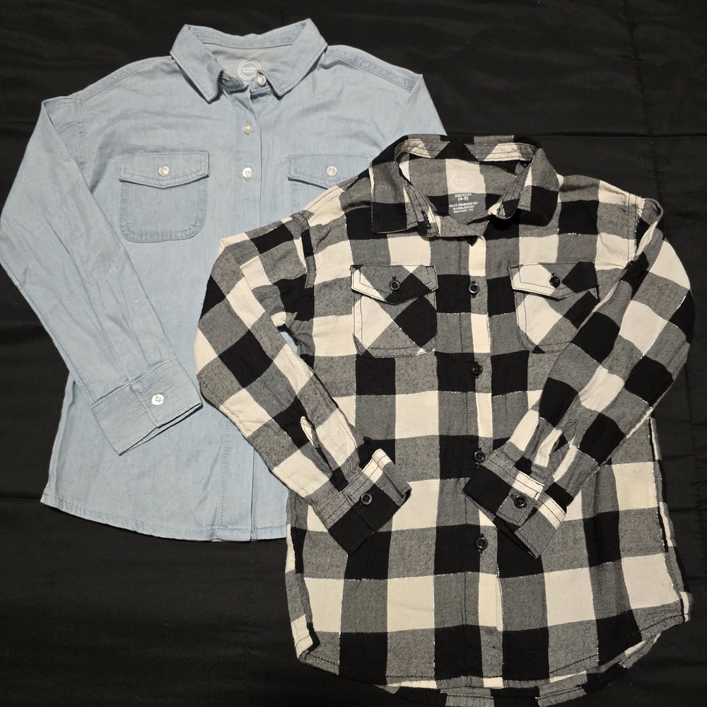 Girls 2 Piece Shirt Bundle Long Sleeve Button Up Blue Black White Size XS 4/5